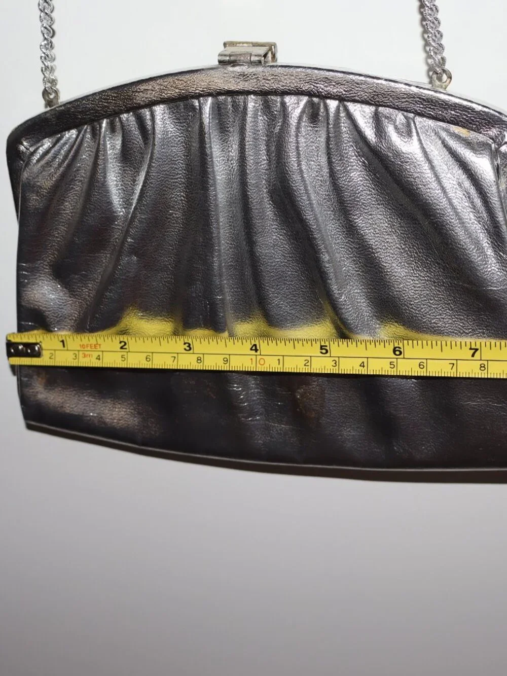 Vintage Silver Metallic Leather Chain Strap Evening Clutch Shoulder Bag